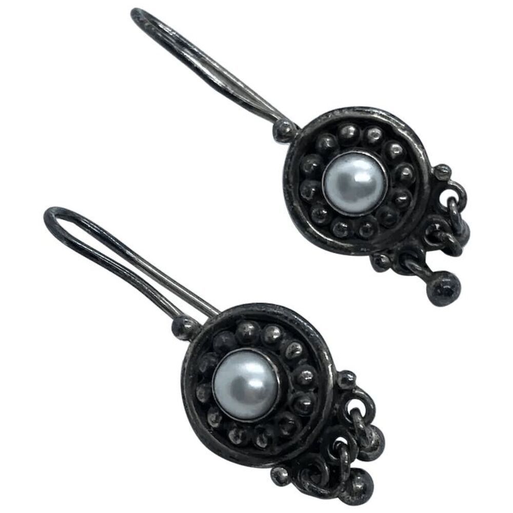 Stunning Vintage Sterling Silver & Cultured Pearl Dangly Earrings - Signed BC In